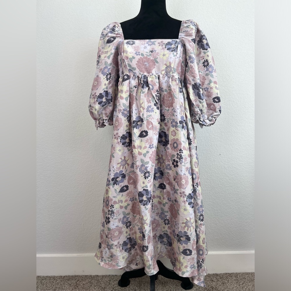 Storia Floral Puff Sleeve Midi Dress - Pink and Purple